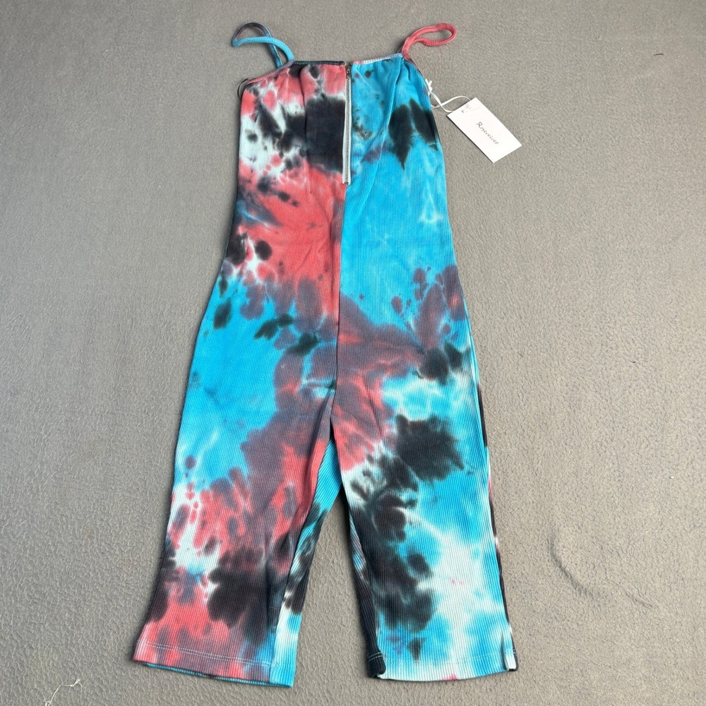 Rosevelvet Tie Dye Ribbed Romper Blue Red Black Zip Front Sleeveless Medium NWT